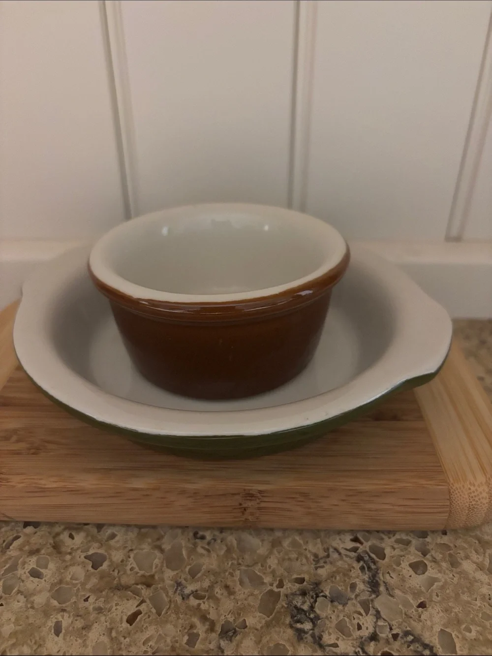 Vintage Hall Pottery Brown & Green 2 Piece Ceramic Bakeware Au Gratin & Ramekin